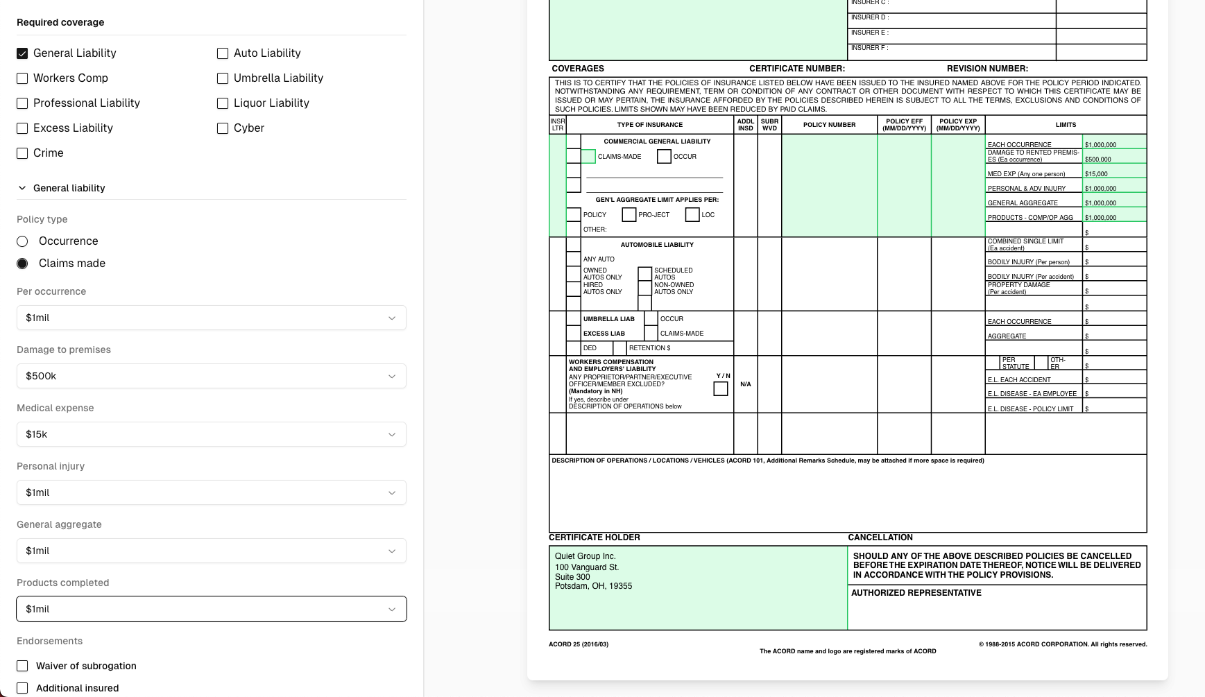 Screenshot of a populated requirement