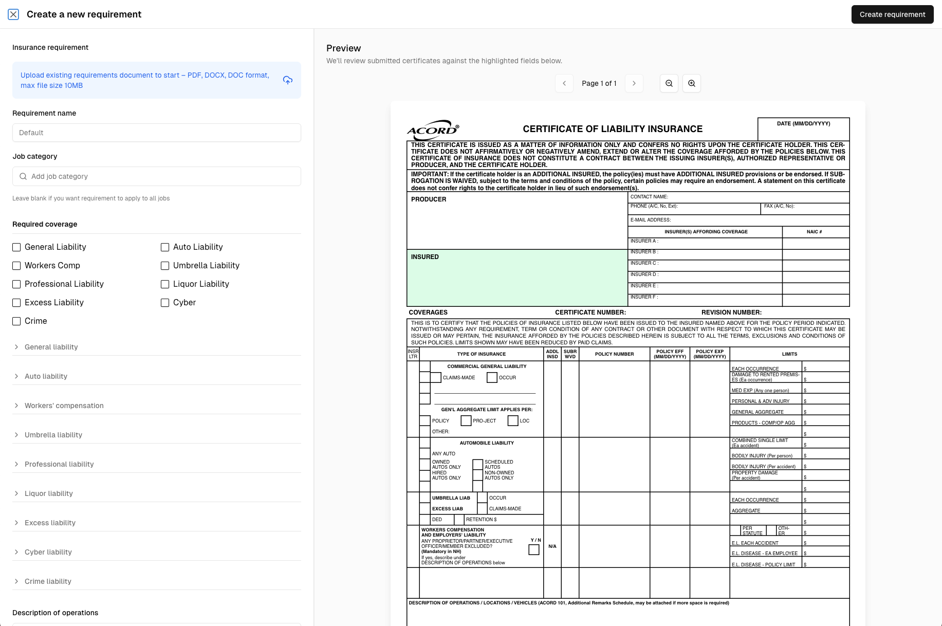 Create insurance requirement screenshot